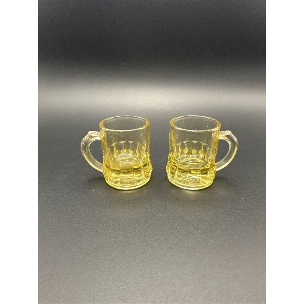 Federal Glass Set 2 Mini Amber Beer Mug Shot Glasses w/ Handles Toothpick Holder